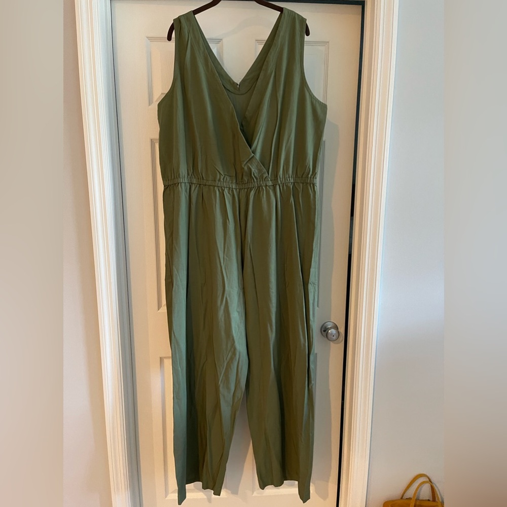 Old Navy Green Jumpsuit Low V Front and Back
